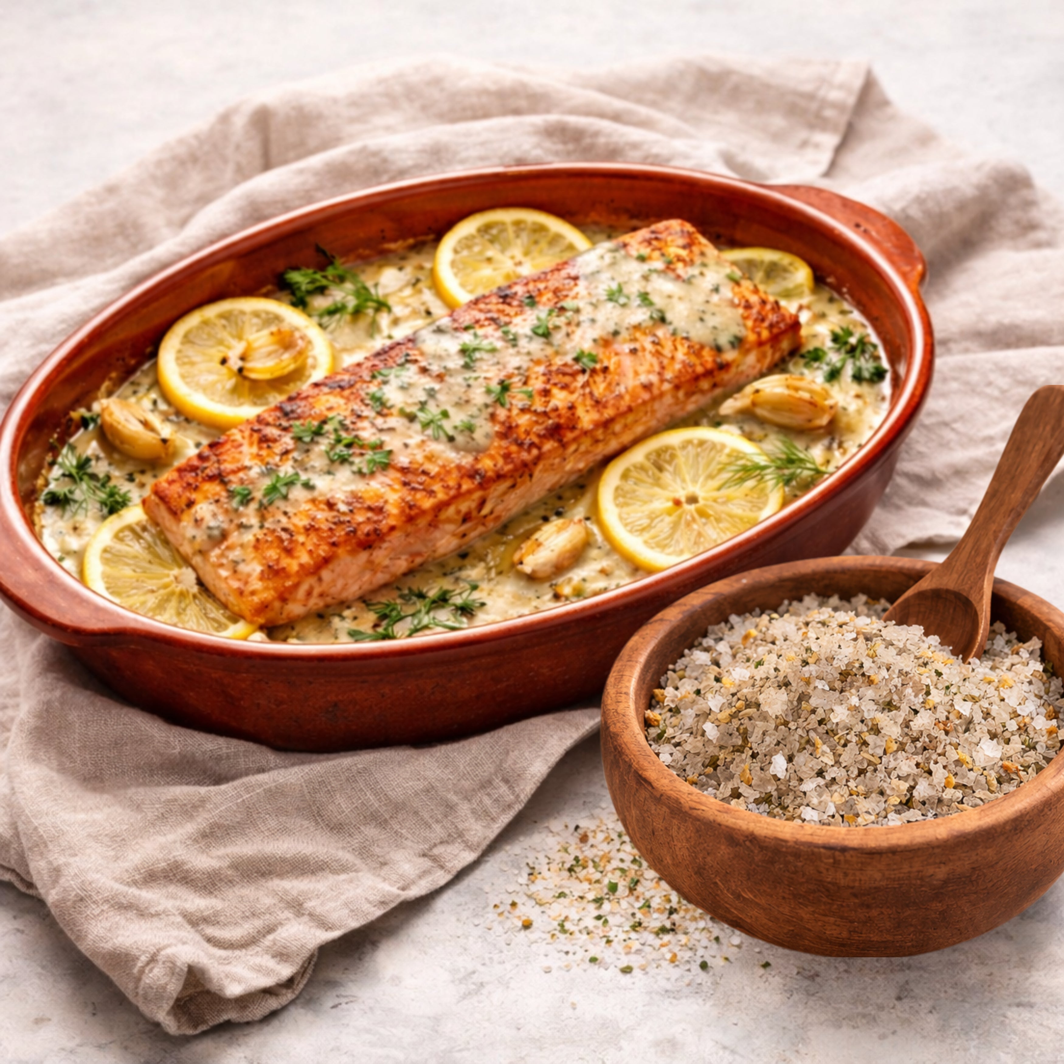 Gebackener Lachs mit Zitrone, Knoblauch, Kräutern und Flor de Sal Oceanic
