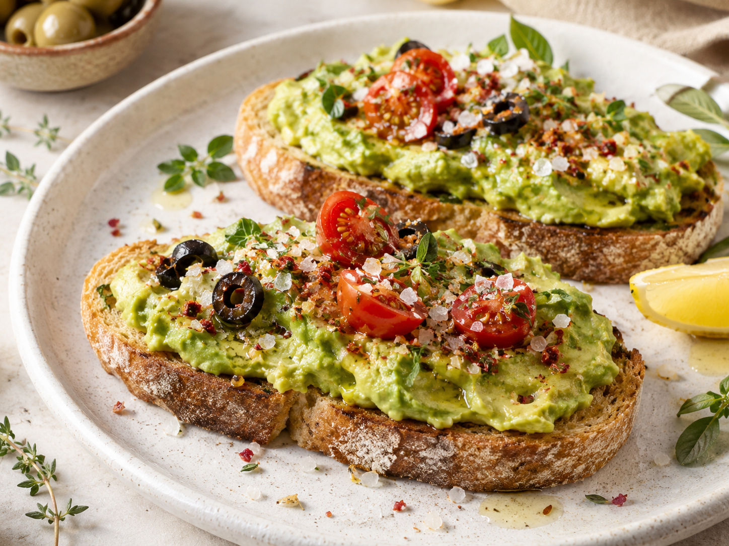 Avocado-Tostada mit Flor de Sal Mediterranean, Tomaten, Oliven und Kräutern