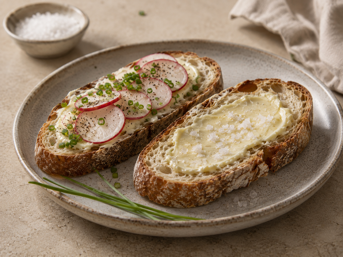 Butterabendbrot mit Flor de Sal Natur, Radieschen, Schnittlauch und Tellicherry Pfeffer