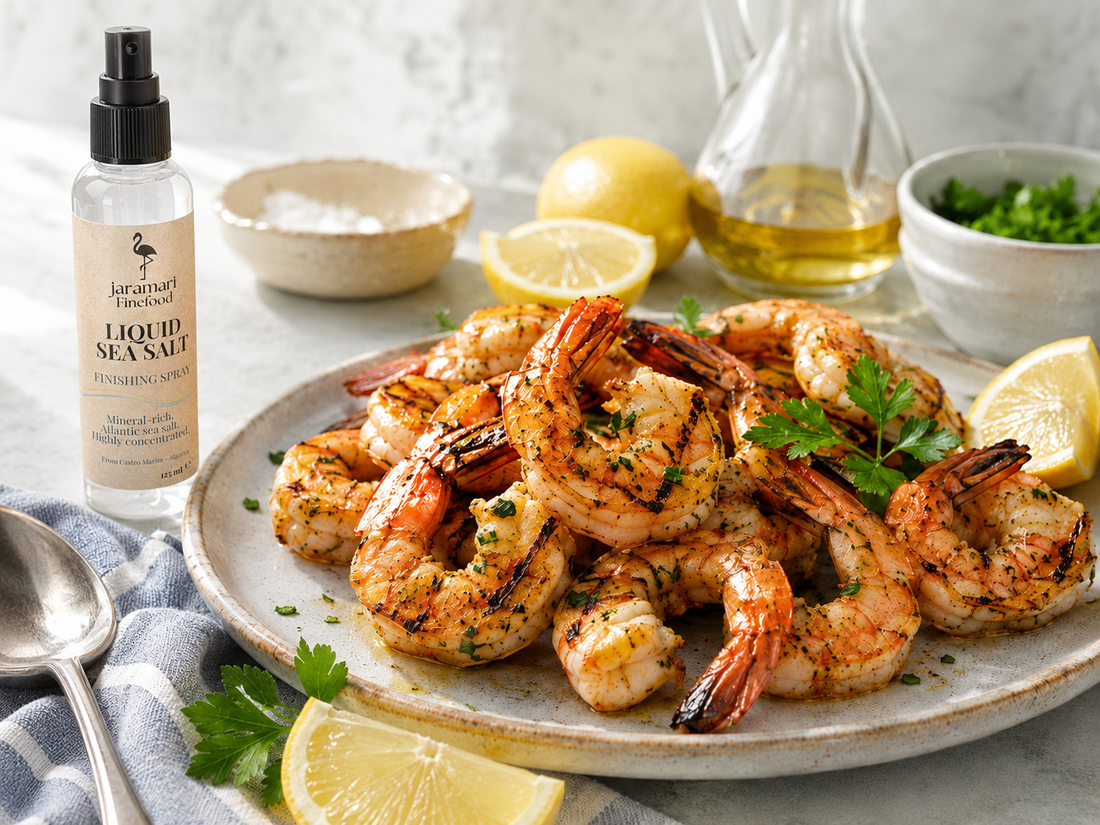 Gegrillte Garnelen mit Zitrone, Kräutern und jaramari Liquid Sea Salt