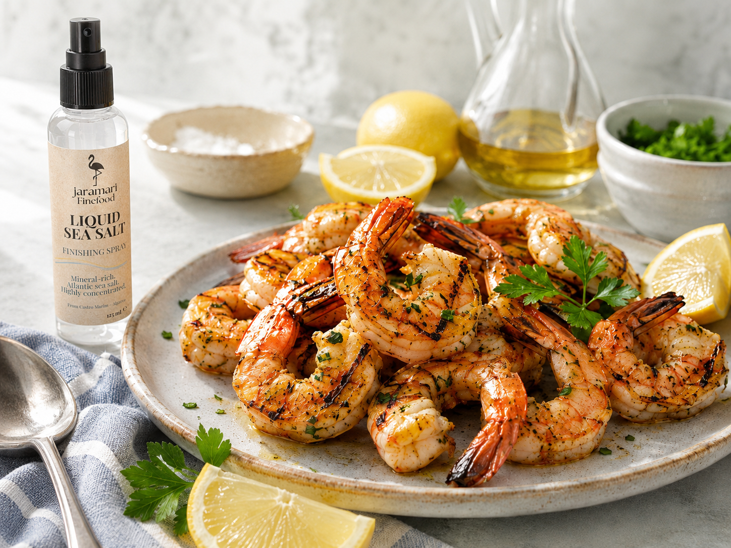 Gegrillte Garnelen mit Zitrone, Kräutern und jaramari Liquid Sea Salt