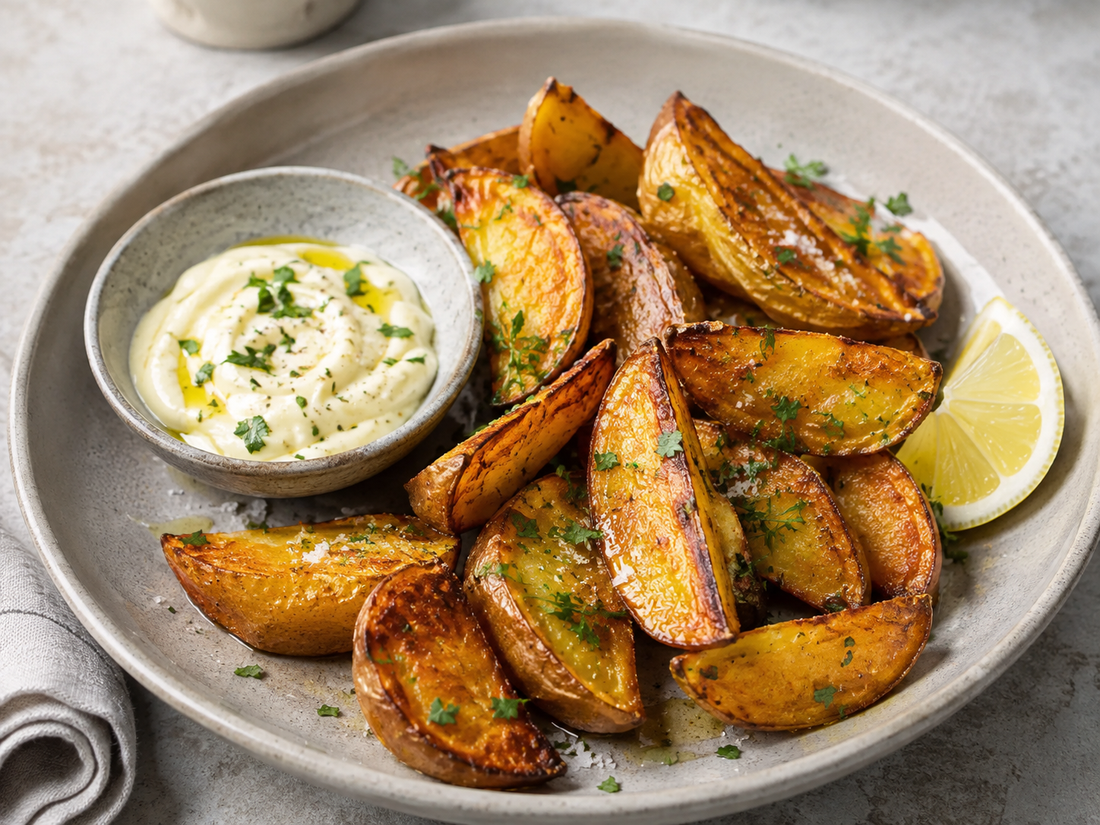 Knusprige Ofenkartoffelspalten mit Zitronen-Aioli und Old Sea Salt