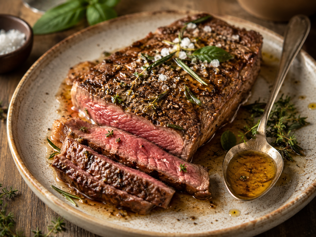 Steak mit Tellicherry Pfeffer, Flor de Sal Steakhouse und brauner Butter