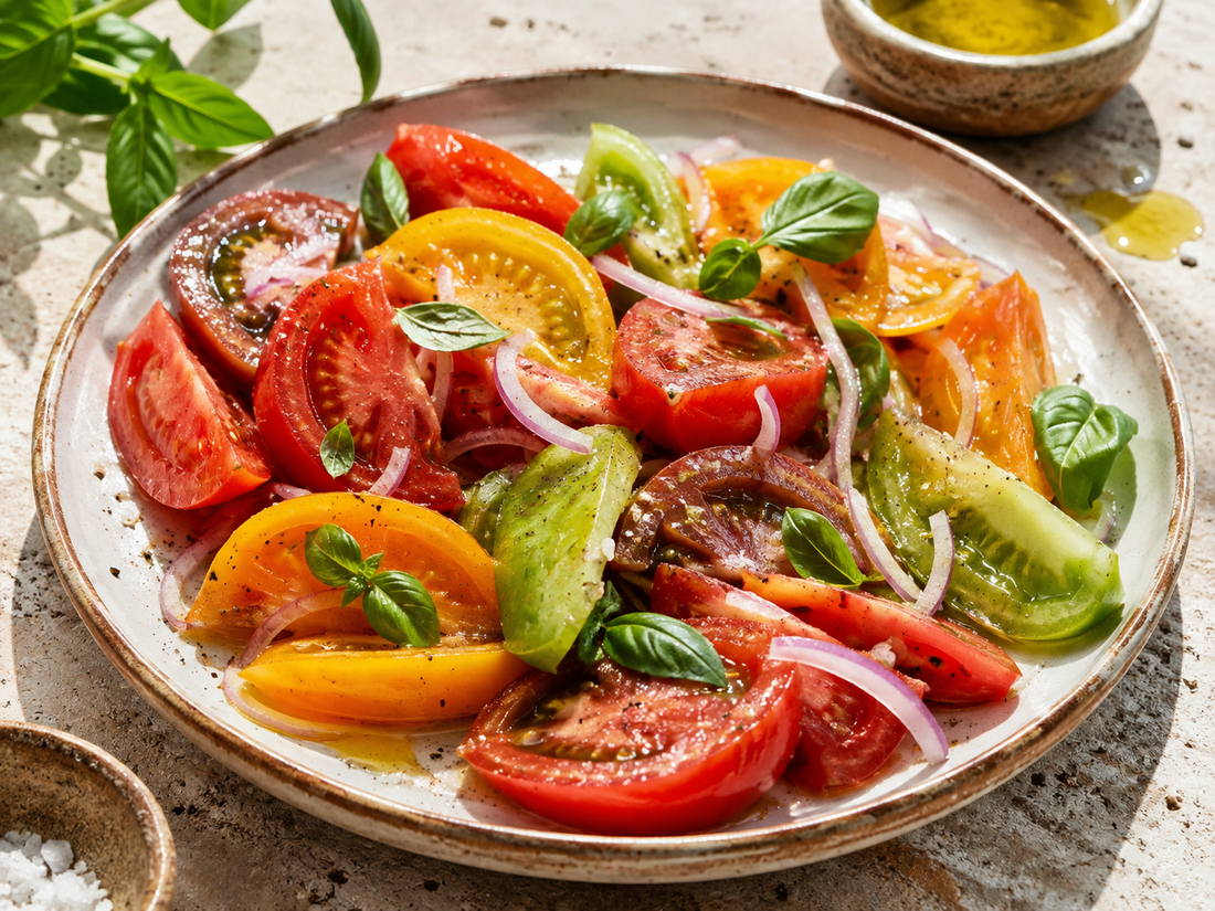 Bunter Tomatensalat mit Olivenöl, Flor de Sal Garden, Basilikum und schwarzem Pfeffer