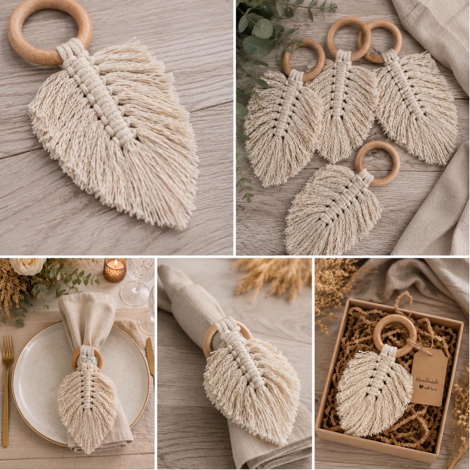 Macramé-Serviettenringe – 4er Set