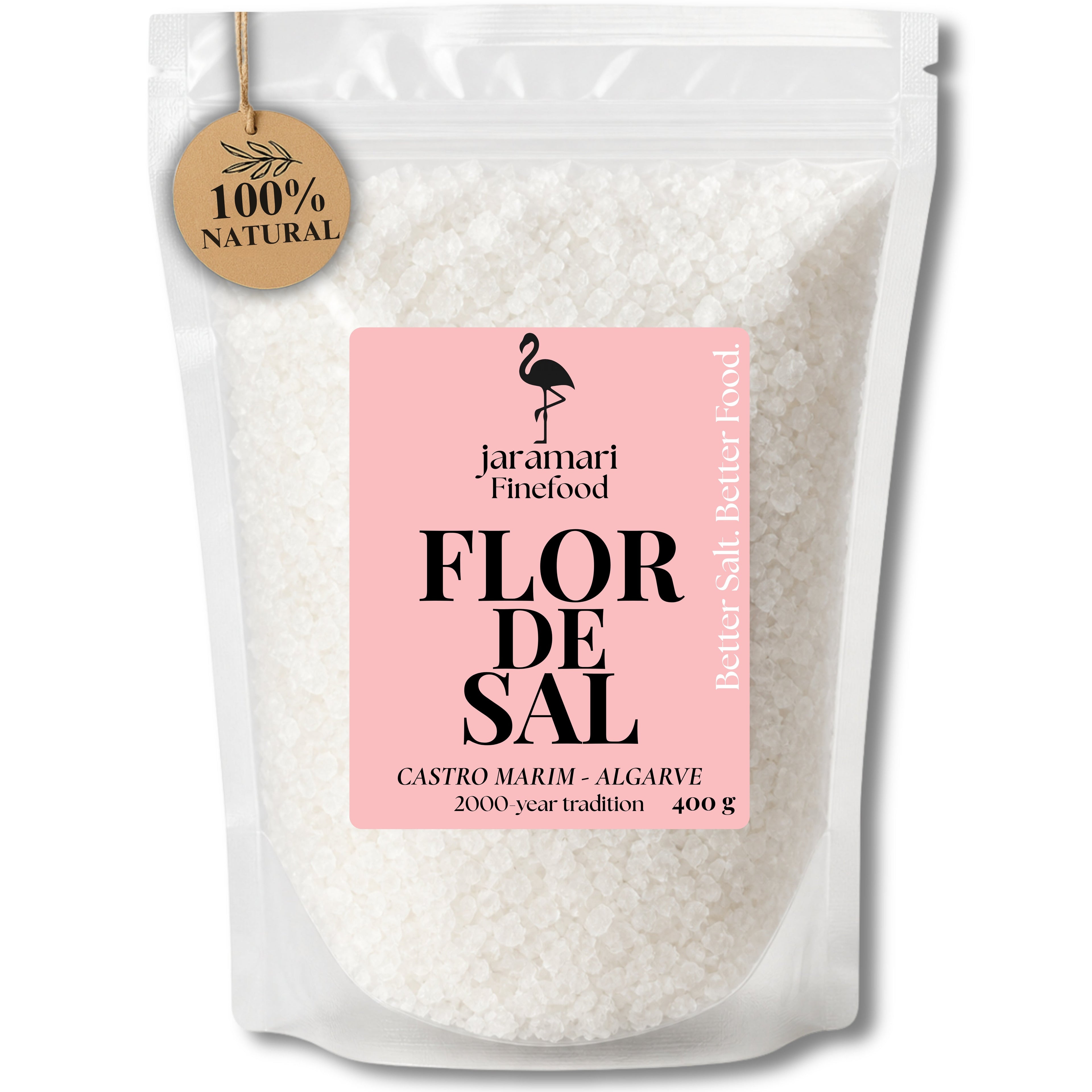 Flor de Sal Natur 400 g – Doybag mit 100 % Natural-Tag