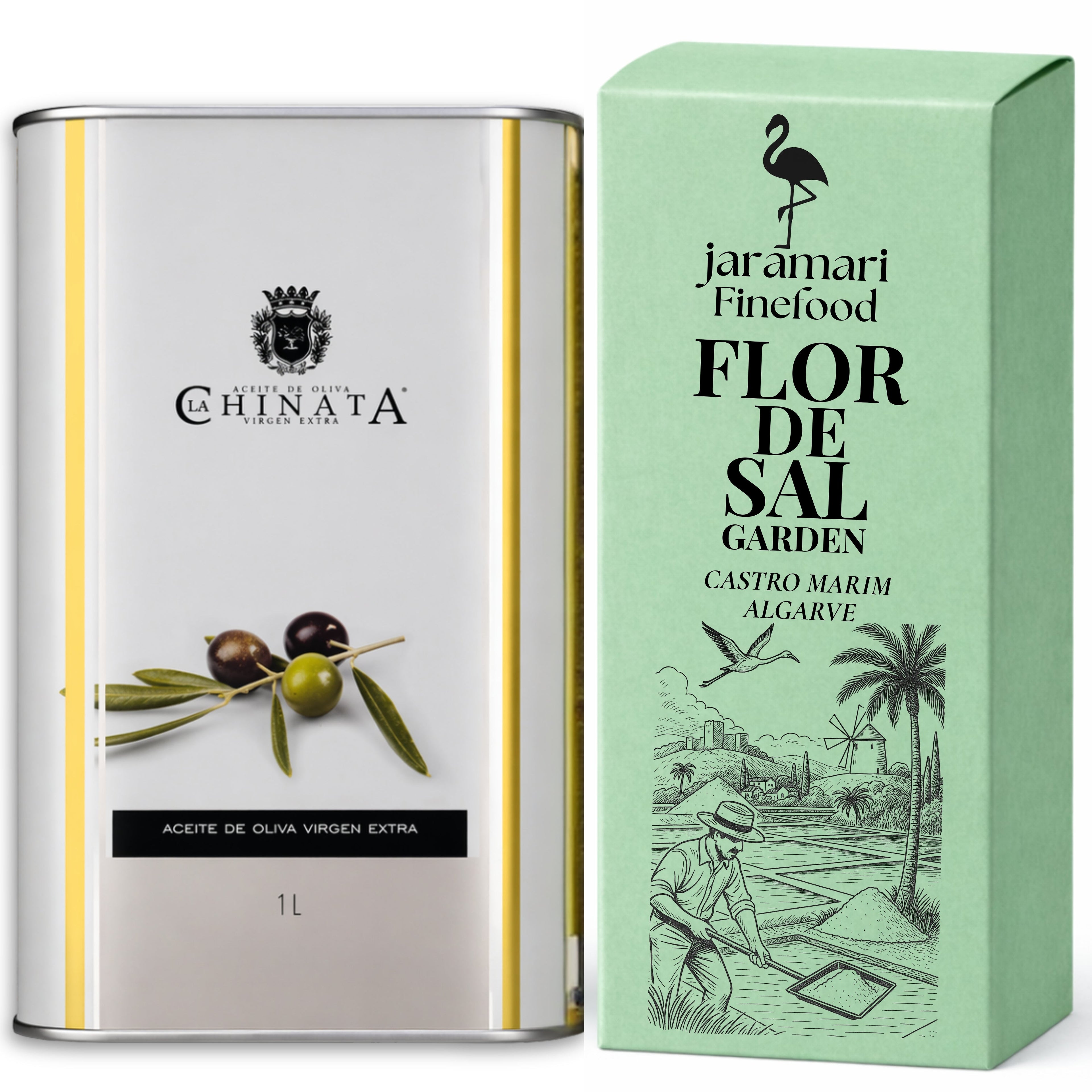jaramari Genuss Set mit La Chinata Olivenöl Extra Vergine 1 L und Flor de Sal Garden 200 g