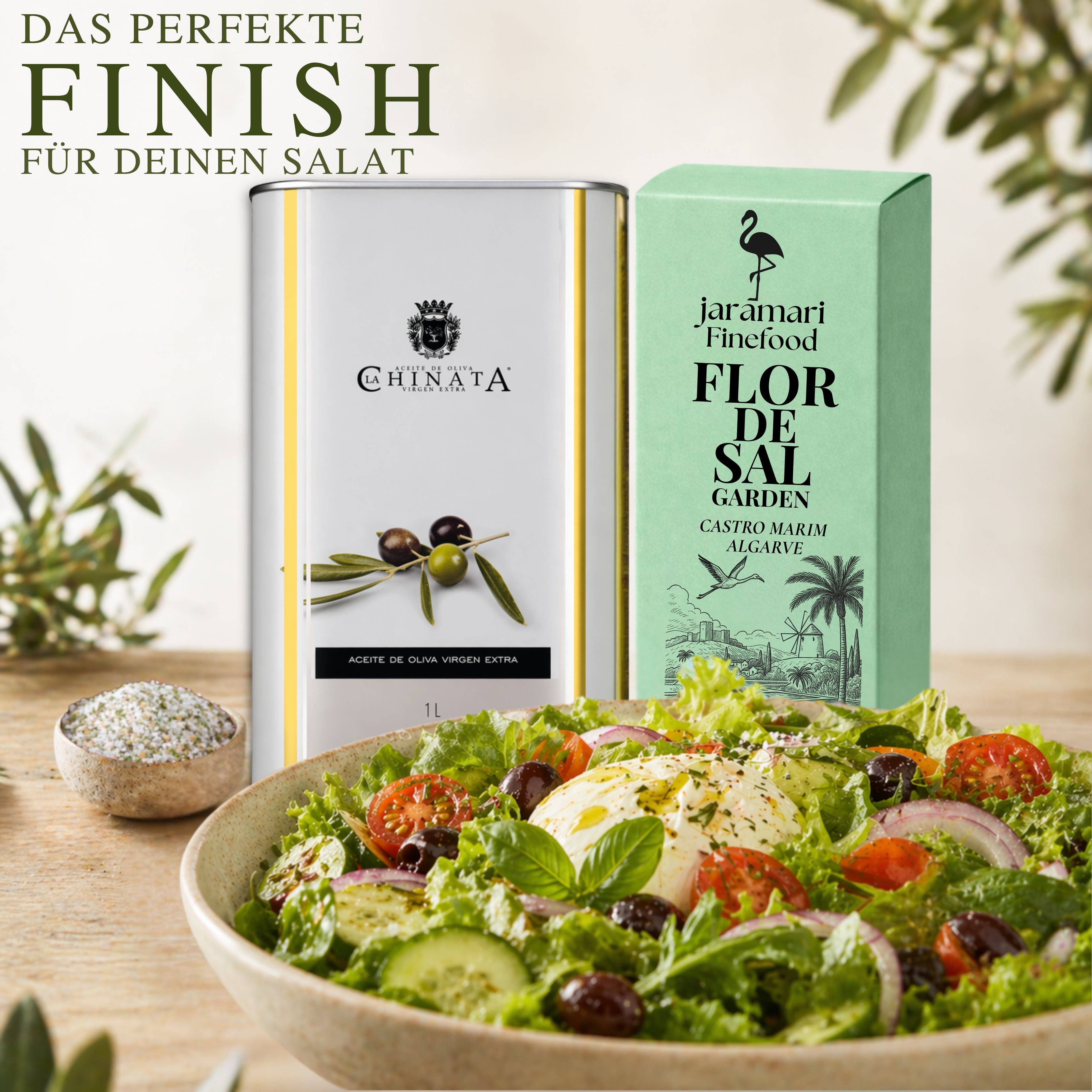 La Chinata Olivenöl Extra Vergine und Flor de Sal Garden als mediterranes Geschenkset zum Verfeinern von Salaten