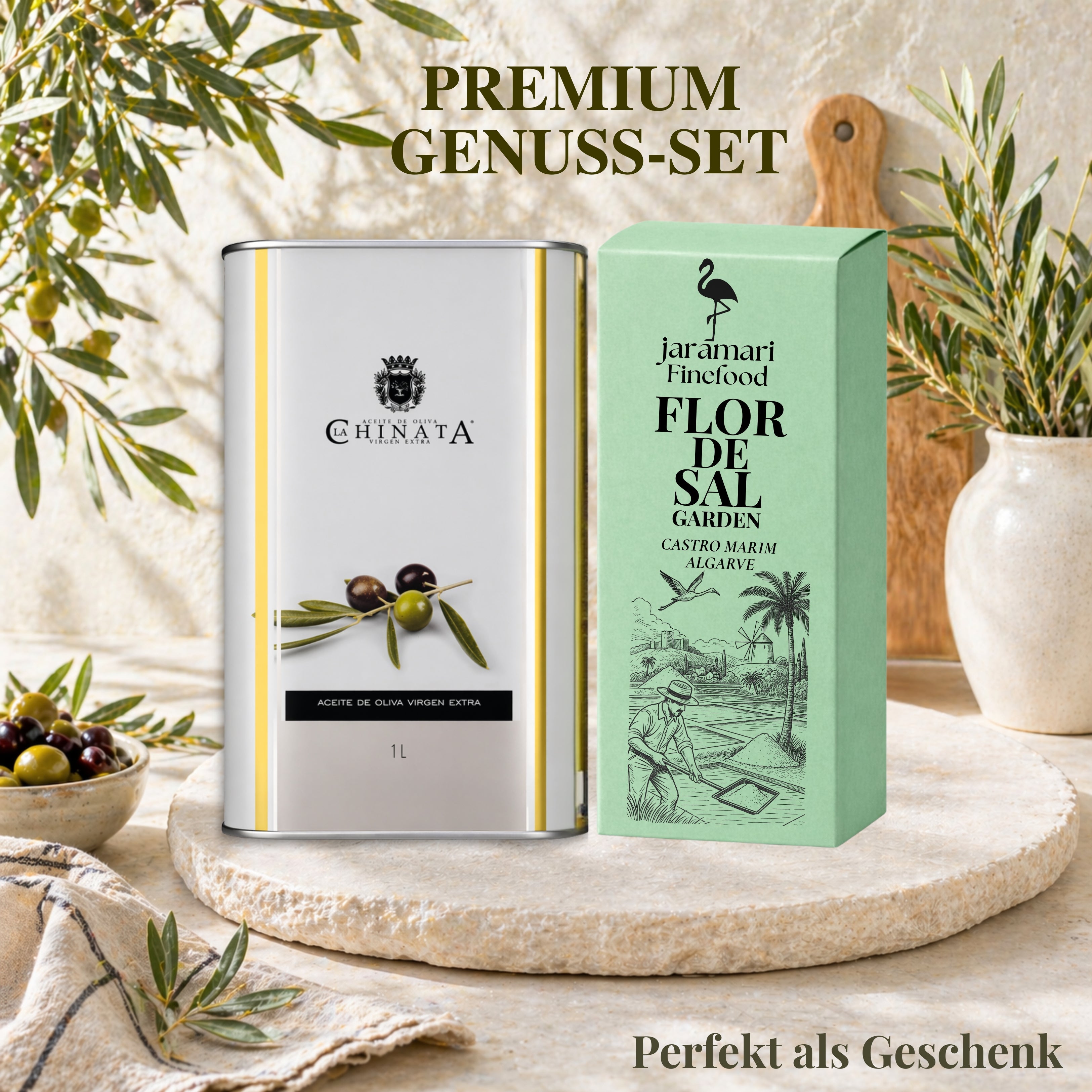 jaramari Geschenkset mit La Chinata Olivenöl Extra Vergine 1 L und Flor de Sal Garden 200 g